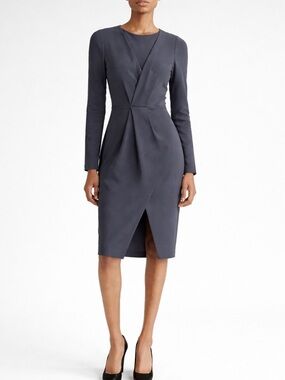 Armani Collezioni Gray Draped V-Neck Long-Sleeve Sheath Dress with Pockets.